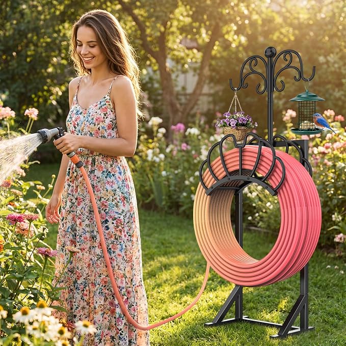 COZEER Garden Hose Holder with Shepherds Hooks, Water Hose Holders for Outside, Freestanding Hose Stand Heavy Duty Hose Hanger Storage Rack for Yard Lawn Farm