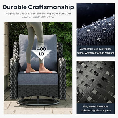 9 Pieces Outdoor Patio Furniture Sets with Rocking Swivel Chairs with 6-inch Thick Cushion and Side Table for Deck Lawn