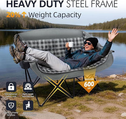 Double Camping Chairs Padded Loveseat Chair for 2 Person - Heavy Duty Oversized Camping Couch for Adults Outdoor Lawn Beach Portable Folding Sofa with Cup Holders Support 600lbs, Grey