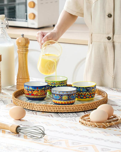 vancasso Ramekins 6 oz Oven Safe, Bohemian Style Creme Brulee Ramekin Set of 6, Porcelain Souffle Dishes Pudding Custard Cups for Baking Ramiken Bowls for Ice Cream