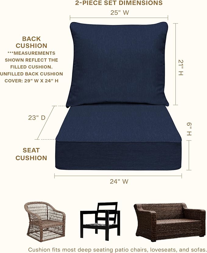 Honeycomb Outdoor Heritage Deep Seat, 24 x 23, Textured Solid Indigo Blue Chair Cushion for Patio Furniture
