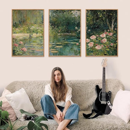 FWIEXA Monet Framed Canvas Wall Art Set, Impressionist Floral Garden Wall Decor, 3 Piece Claude Monet Botanical Artwork, 16x24 Inches Nature Landscape Prints for Living Room, Bedroom
