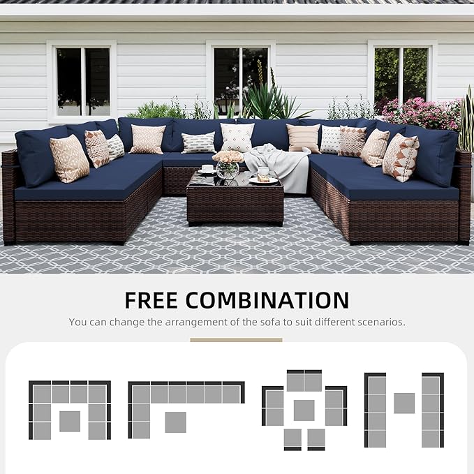 UPHA 9 Pieces Patio Furniture Sets Outdoor Sectional Sofa Wicker Conversation Couch for Decks, Backyards, Gardens, Brown Rattan, Navyblue Cushion