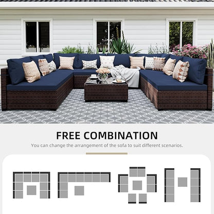 UPHA 9 Pieces Patio Furniture Sets Outdoor Sectional Sofa Wicker Conversation Couch for Decks, Backyards, Gardens, Brown Rattan, Navyblue Cushion