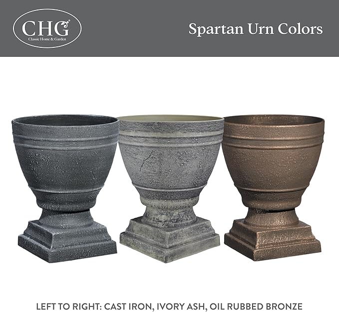 Classic Home and Garden Spartan Urn Planter - Timeless Plant Urn for Floral Displays - Durable Indoor & Outdoor Plastic Garden Planters (14”, Cast Iron)