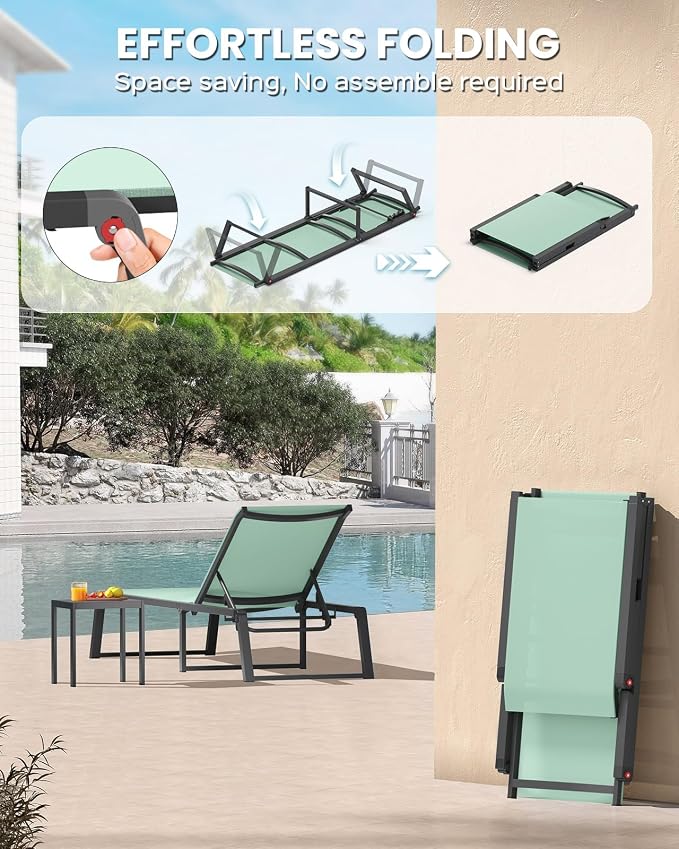 Aluminum Chaise Lounge Chair Outdoor, Foldable& No Assembly Patio Pool Lounge Chairs 5-Position Recliner for Outside, Fully Grounded Legs Sun Lounger for Poolside, Light Green