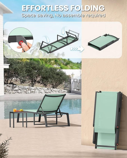 Aluminum Chaise Lounge Chair Outdoor, Foldable& No Assembly Patio Pool Lounge Chairs 5-Position Recliner for Outside, Fully Grounded Legs Sun Lounger for Poolside, Light Green