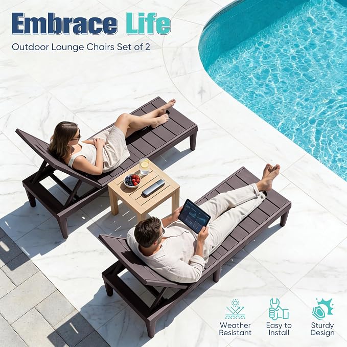 Devoko Outdoor Chaise Lounge Chair Set of 2 with 5-Position Adjustable Back, Waterproof & Lightweight PP Lounge Chairs for Outside Pool Patio (Deep Brown)