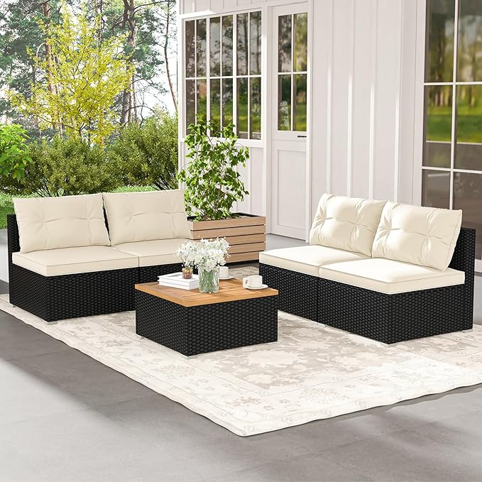 RELAX4LIFE 5-Piece Wicker Outdoor Furniture - PE Rattan Sectional Conversation Set w/4 Armless Sofas & Acacia Wood Coffee Table, Cushioned Patio Sofa Set for Garden Poolside Backyard Porch (Off White)