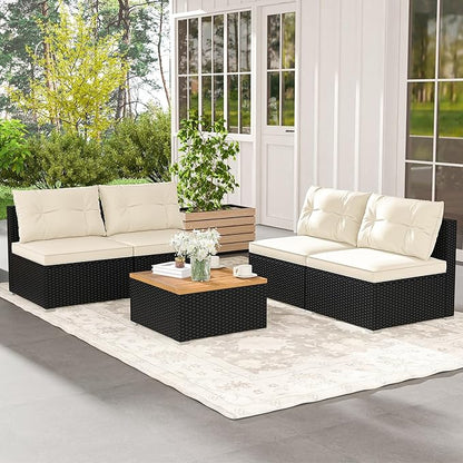 RELAX4LIFE 5-Piece Wicker Outdoor Furniture - PE Rattan Sectional Conversation Set w/4 Armless Sofas & Acacia Wood Coffee Table, Cushioned Patio Sofa Set for Garden Poolside Backyard Porch (Off White)