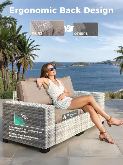 7 Piece Outdoor Wicker Rattan Sectional Sofa Set with Fire Pit Table, 5-Seats Conversation Set with 4" Thickened Cushions & Coffee Table, All-Weather PE Rattan for Garden, Backyard, Porch, Beige