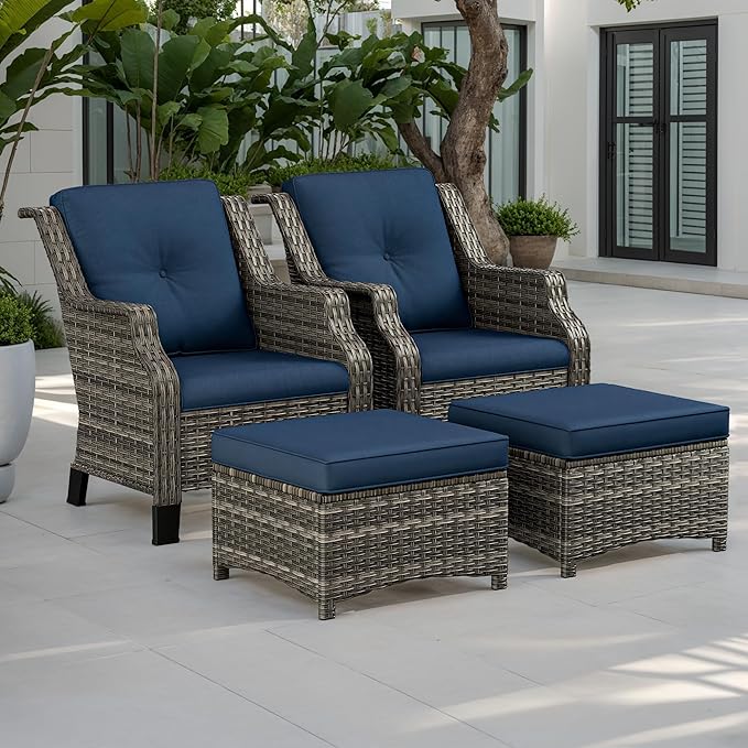 4 Piece Patio Furniture Set, 2 Chairs and 2 Ottomans PE Wicker Footstool, Outdoors Rattan Conversation Set with Deep Seating and Olefin Cushions, for Backyard, Garden, Navy