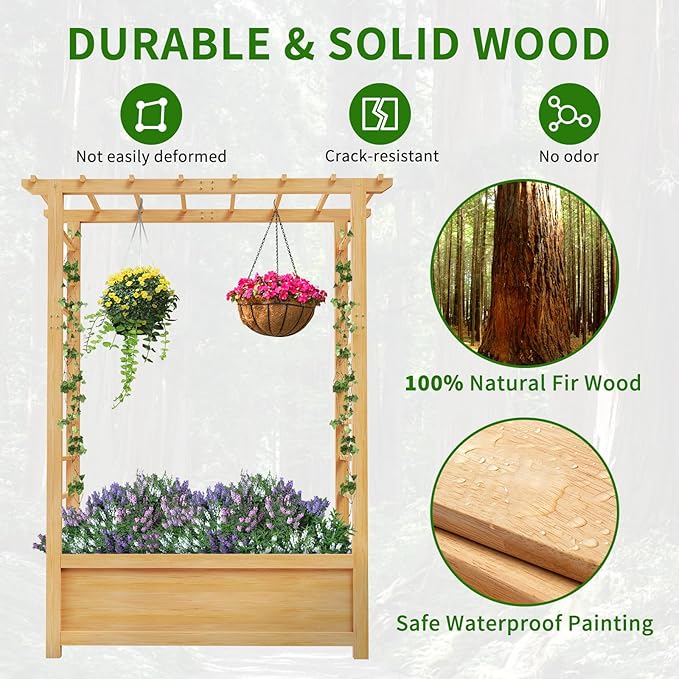 DoCred Raised Garden Bed with Trellis, Freestanding Wood Planter Box with Hanging Roof, Side Trellis Above Ground Elevated Garden Bed Outdoor Planter with Trellis for Climbing Plants Vines Patio