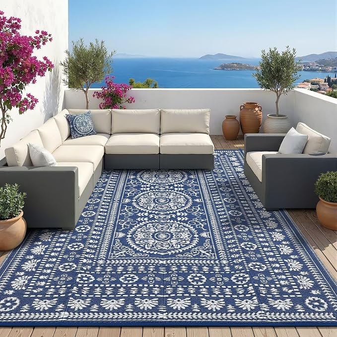Garvee Reversible Outdoor Rug 6x9 for Patio, Waterproof Outdoor Area Rug, Modern Medallion Indoor Outdoor Rugs, Plastic Straw Rug for RV, Camping, Deck, Vintage Navy