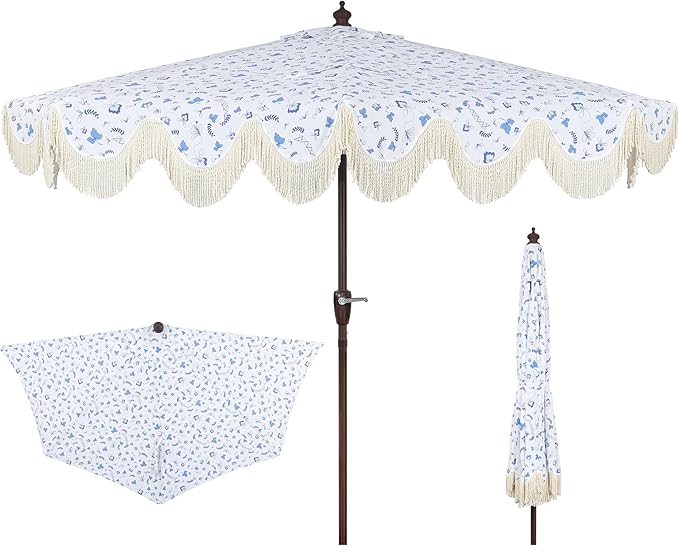 JONATHAN Y Half Umbrella UMB1201G Beverly 9 ft. Designer Classic Scalloped Fringe Market Patio with Crank, Push Button Tilt and UV Protection in Blue/White/Cream