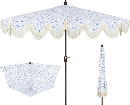 JONATHAN Y Half Umbrella UMB1201G Beverly 9 ft. Designer Classic Scalloped Fringe Market Patio with Crank, Push Button Tilt and UV Protection in Blue/White/Cream