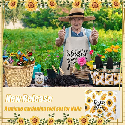 Lasnten 16 Pcs Mothers Day Garden Gift for Nana Women Garden Tools Sunflower Birthday Gardening Supplies from Grandson Gloves Apron Insulation Cup Fork Trowel Tote Bags for Plant Lover Present