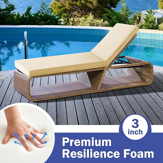 Chaise Lounge Cushions Outdoor, Waterproof Lounge Chair Cushion, 80x 26x 3 Inch Outdoor Chair Cushions with Ties, High-Density Foam Patio Lounge Chair Pads for Lawn, Pool & Beach, Beige
