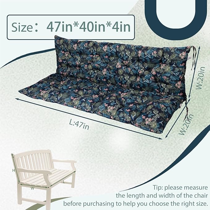 2/3 Seater Swing Replacement Cushion, Waterproof Porch Swing Cushions with Backrest, Thickened Bench Cushions for Outdoor Furniture, for Outdoor Patio Swing (Hummingbird, 47 * 40 in)