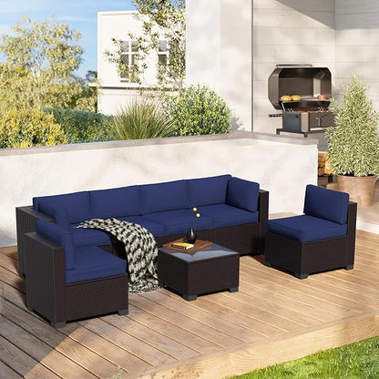 7-Piece Outdoor Sectional Patio Furniture Set, All-Weather Wicker Rattan Sofa w/Thick Washable Cushions & Tempered Glass Table, Perfect for Garden, Poolside, Backyard (7, Darkbrown&Navy Blue)