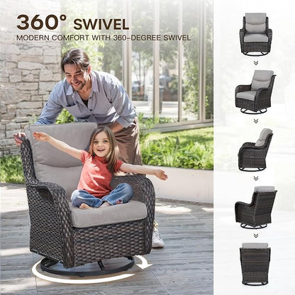 Patio Swivel Chairs with Smile-Shaped Cushions, 3 Piece High Back Patio Swivel Glider Chairs with Side Table 3PCS PE Rattan Luxury Patio Conversation Set Brown Wicker | Beige Cushions