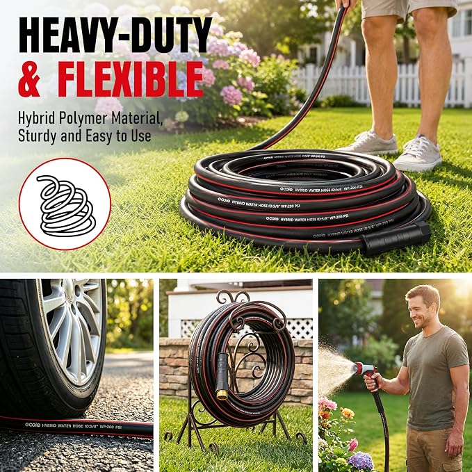 Heavy Duty Garden Hose 50ft, NON-EXPANDABLE Flexible Water Hose, Kink Resistant Lightweight Hybrid Hose, Leakproof Hose Male to Female Fittings
