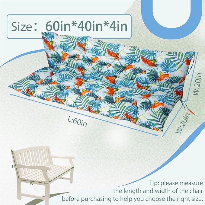 2/3 Seater Swing Replacement Cushion, Waterproof Porch Swing Cushions with Backrest, Thickened Bench Cushions for Outdoor Furniture, for Outdoor Patio Swing (Summer, 60 * 40 in)