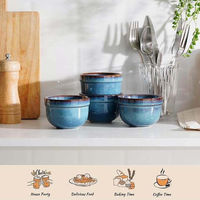 Henten Home 6 oz Ramekins Set Oven Safe, Ceramic Creme Brulee Ramekins Set of 4, Baking Cups for Pudding, Souffle, Ice Cream, Snack, Dipping (Blue)