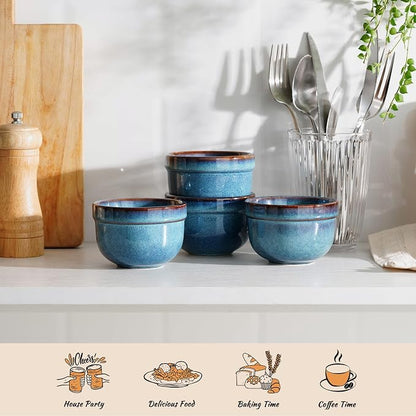 Henten Home 6 oz Ramekins Set Oven Safe, Ceramic Creme Brulee Ramekins Set of 4, Baking Cups for Pudding, Souffle, Ice Cream, Snack, Dipping (Blue)