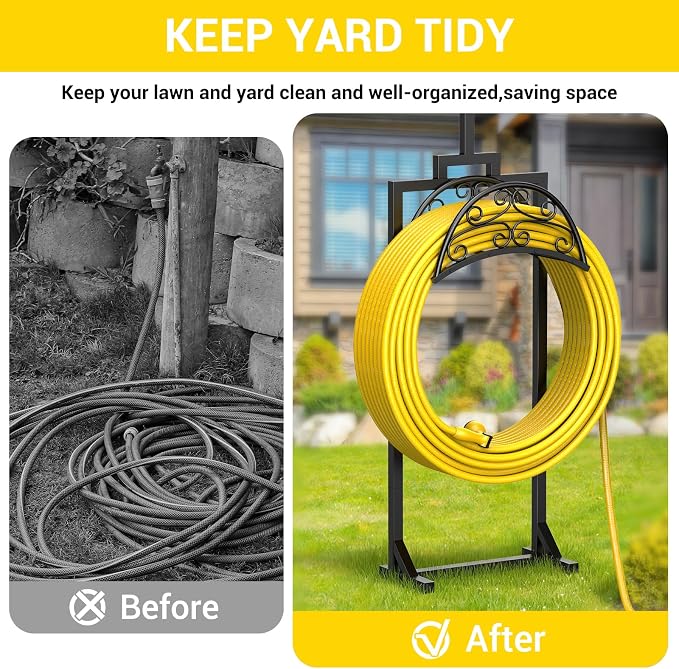 Garden Hose Holder with Shepherds Hooks - Freestanding Metal Water Hose Holder Stand Holds 150ft, Heavy Duty Garden Hoses Hanger Storage Rack for Outside Yard Lawn Farm
