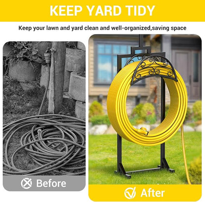 Garden Hose Holder with Shepherds Hooks - Freestanding Metal Water Hose Holder Stand Holds 150ft, Heavy Duty Garden Hoses Hanger Storage Rack for Outside Yard Lawn Farm