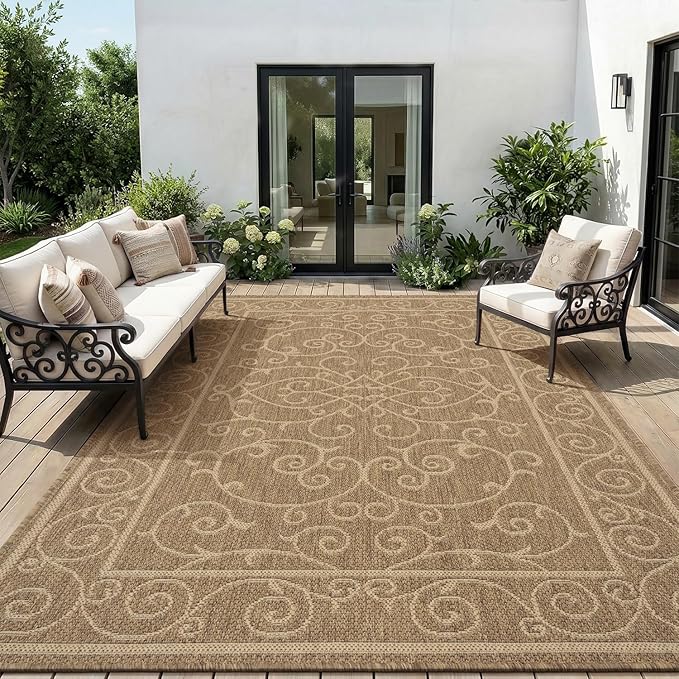 MontVoo-Outdoor Rug-Patio Rug 6x9 ft Polypropylene Indoor Outdoor Rugs Outdoor Carpet for Patio Deck Balcony Porch, Textured Weave, Durable for High Traffic, Fade-Resistant, Vintage Neutral Brown
