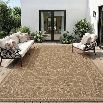 MontVoo-Outdoor Rug-Patio Rug 8x10 ft Polypropylene Indoor Outdoor Rugs Outdoor Carpet for Patio Deck Balcony Porch, Textured Weave, Durable for High Traffic, Fade-Resistant, Vintage Neutral Brown