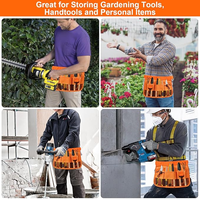 Gardening Tool Waist Bag Belt Heavy Duty Oxford Tool Apron with 7 Pockets of Different Sizes and Depth (Orange)