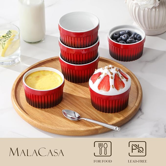 MALACASA Ramekins 6 oz Oven Safe, Small Ceramic Souffle Dishes for Creme Brulee Souffle, Stoneware Custard Cups Ramiken for Baking, Dessert Bowls Dipping Sauce Dish Set of 6, Red, Series RAMEKIN-DISH