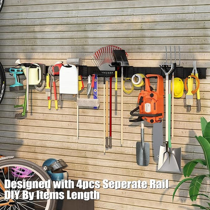 64 Inches Garage Organization, Wall Mount Garden Tool Organizer, 880lbs Adjustable Heavy Duty Metal Hanging Hooks, Garden Tool Storage Rack for Garage, Yard, and Shed (4 Racks, 12 Hooks)