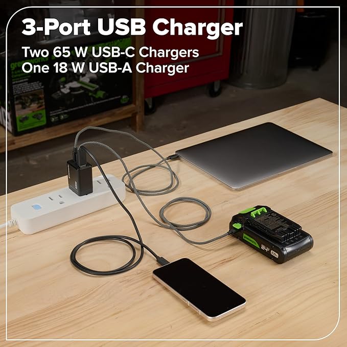 GREENWORKS 24V 1/2” Brushless Cordless Drill (400 In-lbs.) + 6.5” Circular Saw (4,800 RPM), (2) 2.0Ah (12,000mAh Power Bank) USB-C Batteries, Braided Cable, 65W Rapid Charger