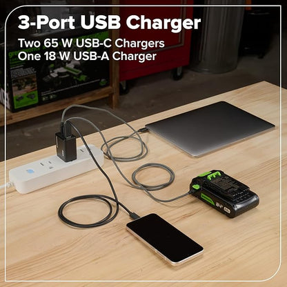 GREENWORKS 24V (4-TOOL) Combo (1/2” Drill + 1/4” Impact Driver + 6.5” Circular Saw + 200Lm Flashlight), 4.0Ah + 2.0Ah Batteries (24,000mAh Power Bank), (2) Braided Cables, 65W Rapid Charger