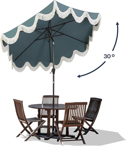JONATHAN Y UMB1001 Collins 9 ft. Classic Cottage Tassel Market Patio Umbrella with Auto-Tilt, Crank, Wind Vent and UV Protection