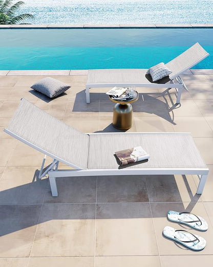 Crestlive Products Lounge Chair Outdoor Set of 2, Aluminum Pool Chaise Lounge Chairs, Adjustable Five-Position Tanning Recliner, All Weather for Patio, Beach, Yard, Pool (Multi-Color)