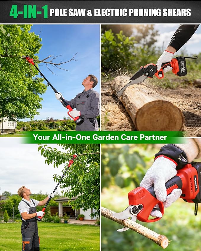 4-in-1 Cordless Pole Saw & Pruning Shears Combo Kit, 21V Electric Tree Trimmer with 180° Rotating Head, 16ft Max Reach, 8" Chainsaw & 2 x 4.0Ah Battery Powered Brushless Tree Pruner