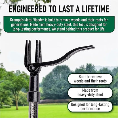 Grampa's Metal Weeder - Stand Up Weed Puller Tool with Steel Long Handle - Made with All Steel Handle & 4-Claw Steel Head - Easily Remove Weeds Without Bending, Pulling, or Kneeling (Black)