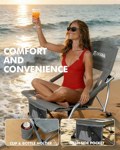 AKSOUL Folding Beach Chair for Adults: Low/High Back Chairs with Carry Bag - Extra Wide Seat Chair with Comfortable Pillow & Storage Pocket (1 Pack & 2 Pack, Blue)