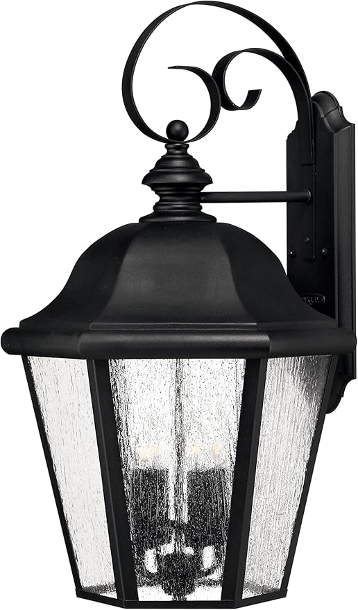 Hinkley Edgewater Large Wall Mount Outdoor Lantern - Aluminum, Clear Seedy Glass, Traditional - Black Finish