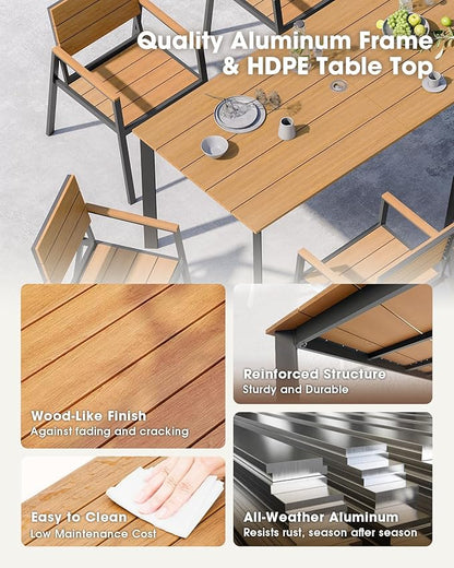 Outdoor Patio Dining Table, Aluminum & HDPE Outdoor Table with Umbrella Hole, All-Weather for Deck, Garden, Lawn, Backyard, Poolside and Indoor Use (Gray & Teak)