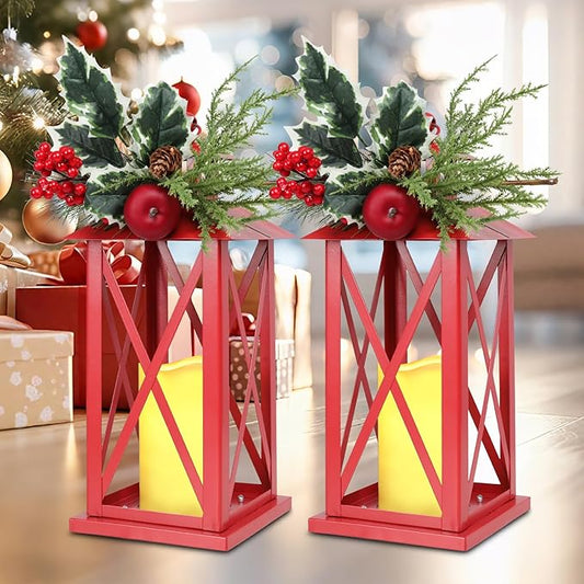 Taman Christmas Lantern,2 Pack Hanging Flickering Candle Lanterns Decorative Metal Vintage Light Battery Operated Umbrella Lights for Christmas Patio Garden, Table,Party Decor