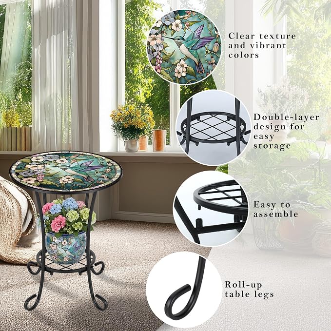 Cinnvoice Outdoor Side Table 2-Tier Round Small Mosaic Patio Accent Indoor End Plant Coffee Tea Table for Yard Patio Porch Garden Living Room, Bedroom(Hummingbird Style,14 Inch)