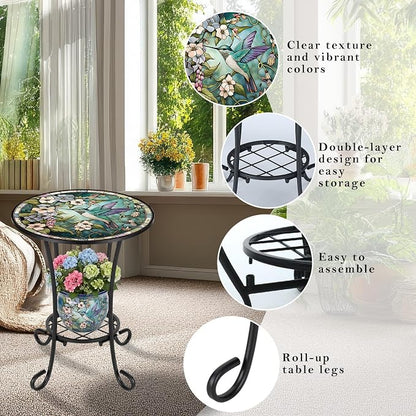 Cinnvoice Outdoor Side Table 2-Tier Round Small Mosaic Patio Accent Indoor End Plant Coffee Tea Table for Yard Patio Porch Garden Living Room, Bedroom(Hummingbird Style,14 Inch)