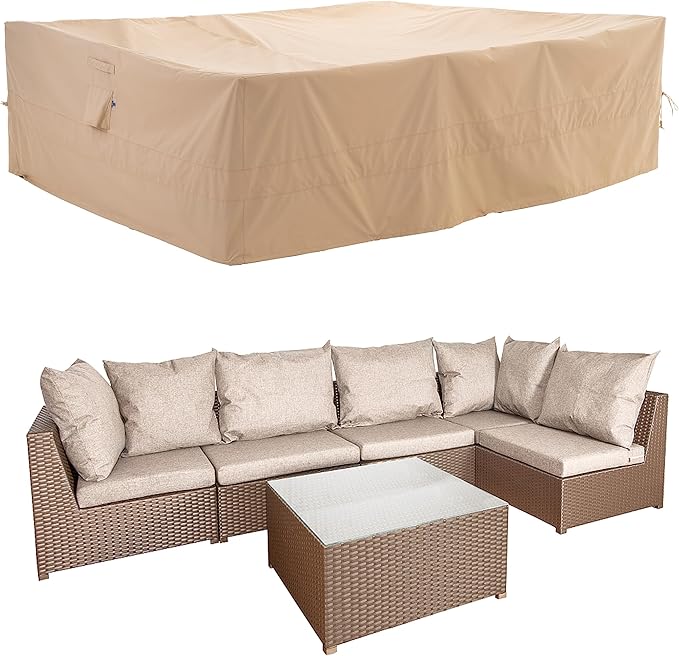 WJ-X3 Large Rectangular Outdoor Table Cover Waterproof, Heavy Duty Patio Furniture Set Cover UV-Resistant, Lawn Sectional Set Cover, High Wind Resistant, Anti-fading 126Wx 84Dx 31HInches, Beige