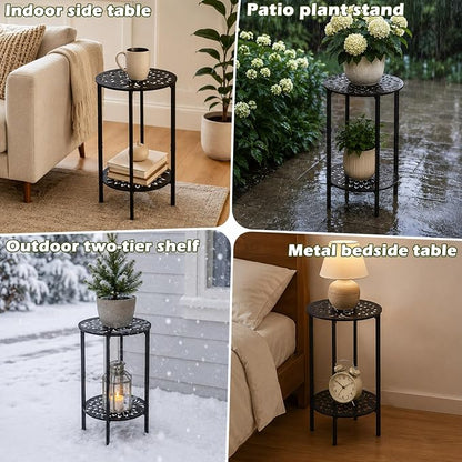 1 Pack 2-Tier Metal Round Side Table Black Accent Coffee Tables Small Space Corner Plant Stand Shelf for Indoor Outdoor Use Patio Balcony End Table Laser-Cut Floral Pattern Weather-Resistant